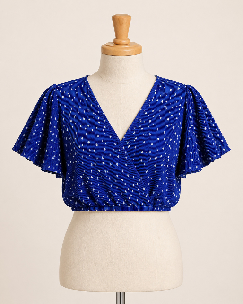 ASTR Women's Polka Dot Wrap Crop Blouse Flutter Sleeve V-Neck Dark Blue Small